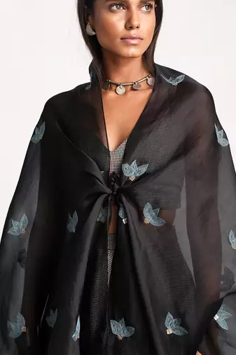 Black Front Knot Organza Silk Cape Set