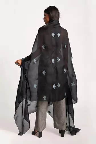 Black Front Knot Organza Silk Cape Set