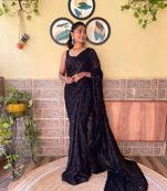 Kimisha women's black georgette sequence saree with unstitched blouse piece