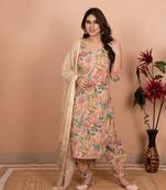 Women's Cotton Floral Print Straight Kurti Pant with Dupatta Set