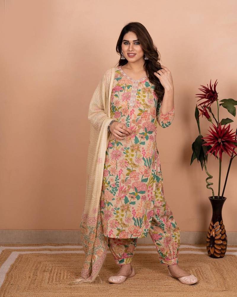 Women's Cotton Floral Print Straight Kurti Pant with Dupatta Set
