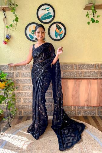 Black Georgette Sequence Saree With Unstitched Blouse Piece