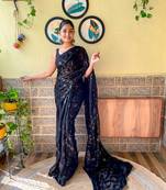 Black Georgette Sequence Saree With Unstitched Blouse Piece