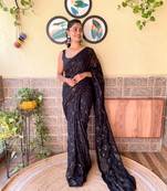 Kimisha women's black georgette sequence saree with unstitched blouse piece