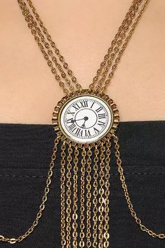 Enameled White Clock Neckpiece With Hanging Chains