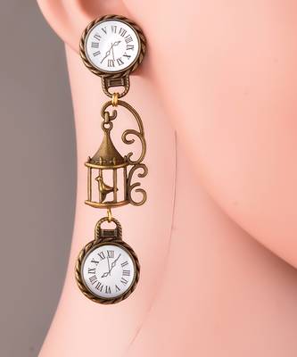 Enameled White Clock Earrings With Vintage Cage 2