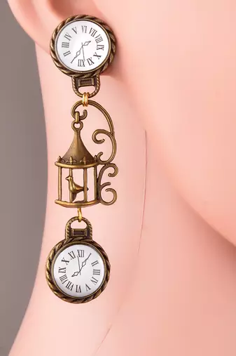 Enameled White Clock Earrings With Vintage Cage
