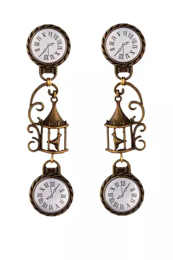 Enameled White Clock Earrings With Vintage Cage