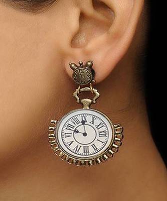 Enameled White Clock Earrings  With Square Border 1