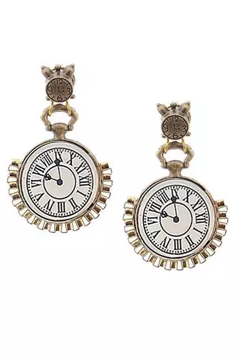 Enameled White Clock Earrings  With Square Border
