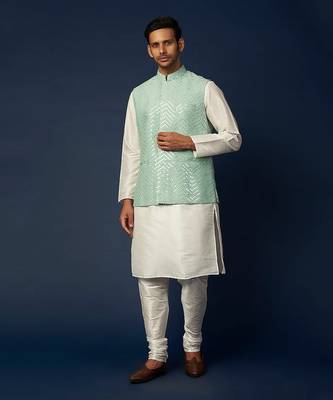 Mint Blue Emb. Kurta Jacket Set 1