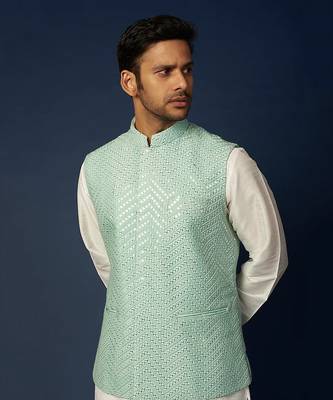 Mint Blue Emb. Kurta Jacket Set 3