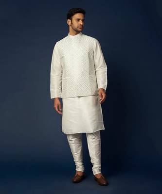 Off White Emb. Kurta Jacket Set 1