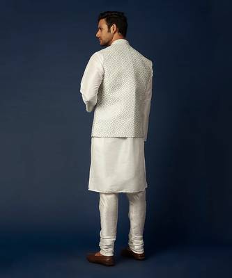 Off White Emb. Kurta Jacket Set 2