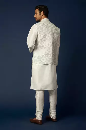 Off White Emb. Kurta Jacket Set