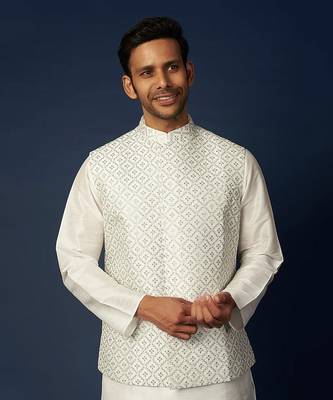Off White Emb. Kurta Jacket Set 3