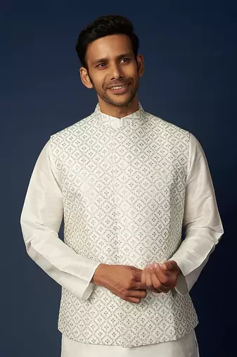 Off White Emb. Kurta Jacket Set