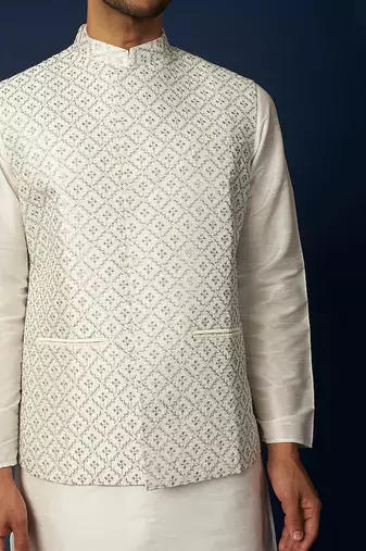 Off White Emb. Kurta Jacket Set
