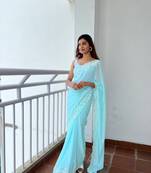 Kimisha women's sky blue georgette sequence saree with unstitched blouse piece