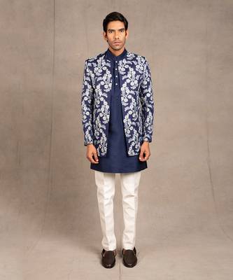 Midnight Blue Emroidered Short Jacket Set 1