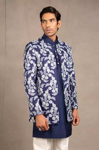 Midnight Blue Emroidered Short Jacket Set