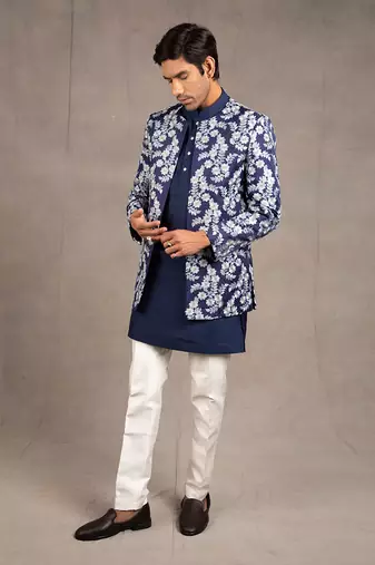 Midnight Blue Emroidered Short Jacket Set