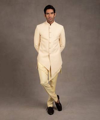 Cream Embroidered Short Asymmetric Achkan Set 1