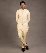 Cream Embroidered Short Asymmetric Achkan Set