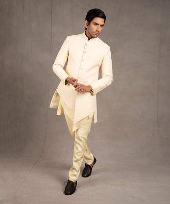 Cream Embroidered Short Asymmetric Achkan Set 2
