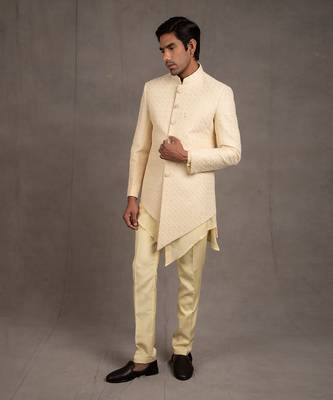 Cream Embroidered Short Asymmetric Achkan Set 3