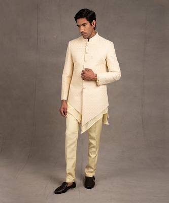 Cream Embroidered Short Asymmetric Achkan Set 4