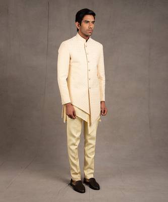 Cream Embroidered Short Asymmetric Achkan Set 5