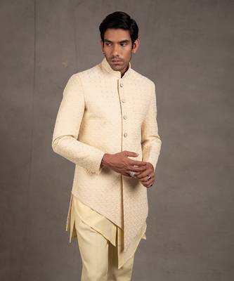 Cream Embroidered Short Asymmetric Achkan Set 6