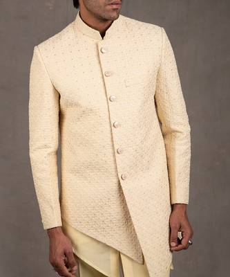 Cream Embroidered Short Asymmetric Achkan Set 7
