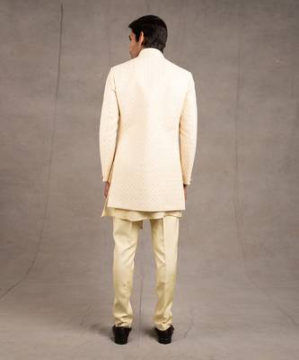 Cream Embroidered Short Asymmetric Achkan Set 8