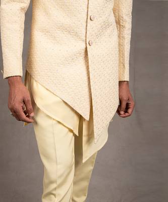 Cream Embroidered Short Asymmetric Achkan Set 9