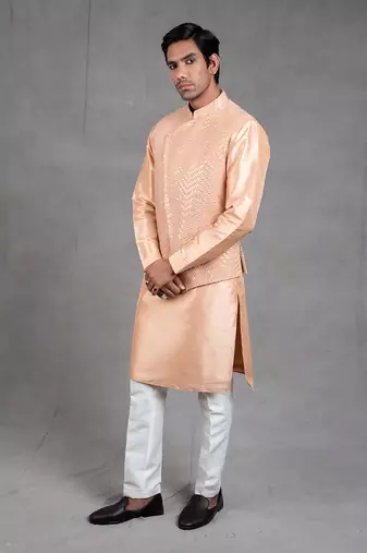 Peach Embroidered Kurta-Jacket Set