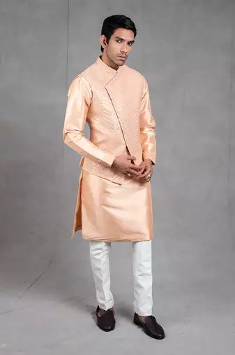 Peach Embroidered Kurta-Jacket Set