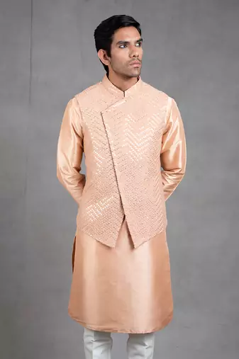 Peach Embroidered Kurta-Jacket Set