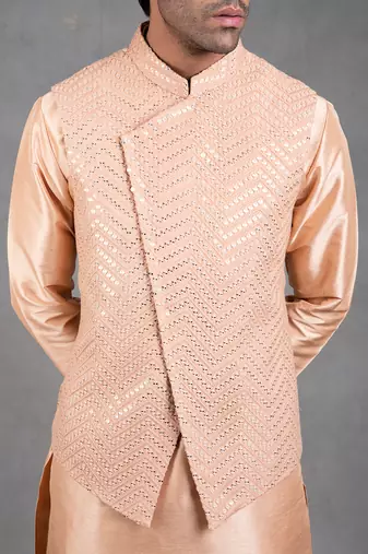 Peach Embroidered Kurta-Jacket Set