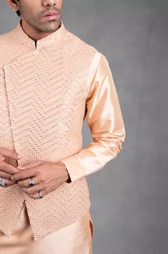 Peach Embroidered Kurta-Jacket Set