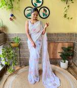 Kimisha women's white georgette sequence saree with unstitched blouse piece