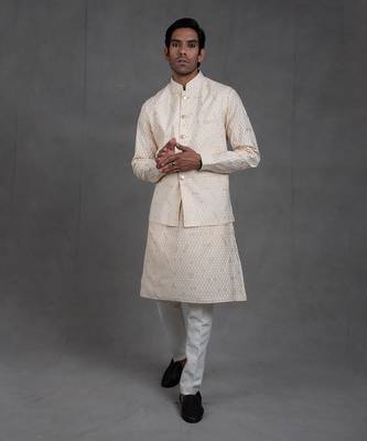 Mellow Beige Print On Print Kurta-Jacket Set 1