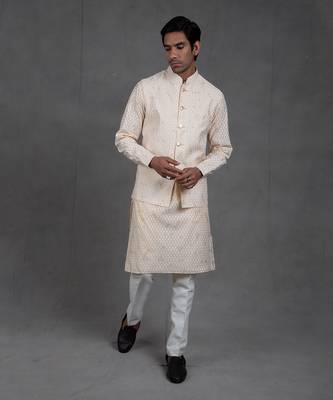 Mellow Beige Print On Print Kurta-Jacket Set 2