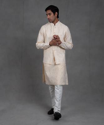 Mellow Beige Print On Print Kurta-Jacket Set 3