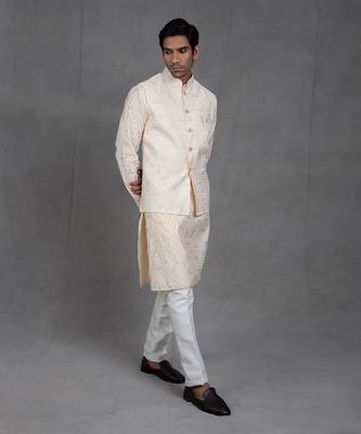Mellow Beige Print On Print Kurta-Jacket Set 4