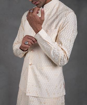 Mellow Beige Print On Print Kurta-Jacket Set 6