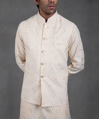 Mellow Beige Print On Print Kurta-Jacket Set 7
