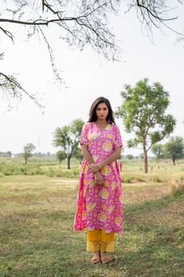 Pink cotton hand block printed kurta pant set 1
