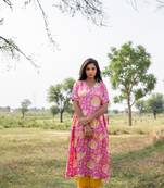 Pink cotton hand block printed kurta pant set